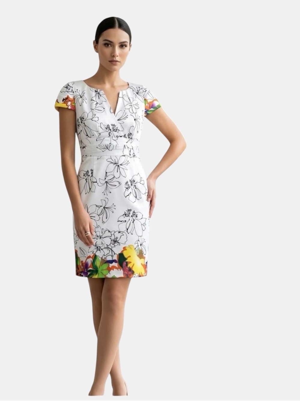 White Floral Sketch Mini Dress with Colorful Hem and Sleeve Trim
